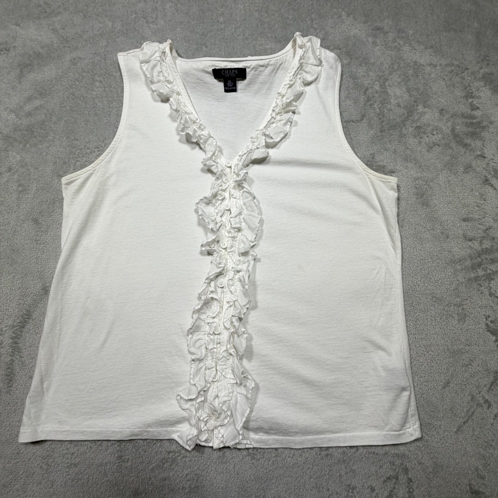 Vintage Chaps XL White‎ Ruffle V-Neck Tank Top 100% Cotton 90s Sleeveless Shirt
